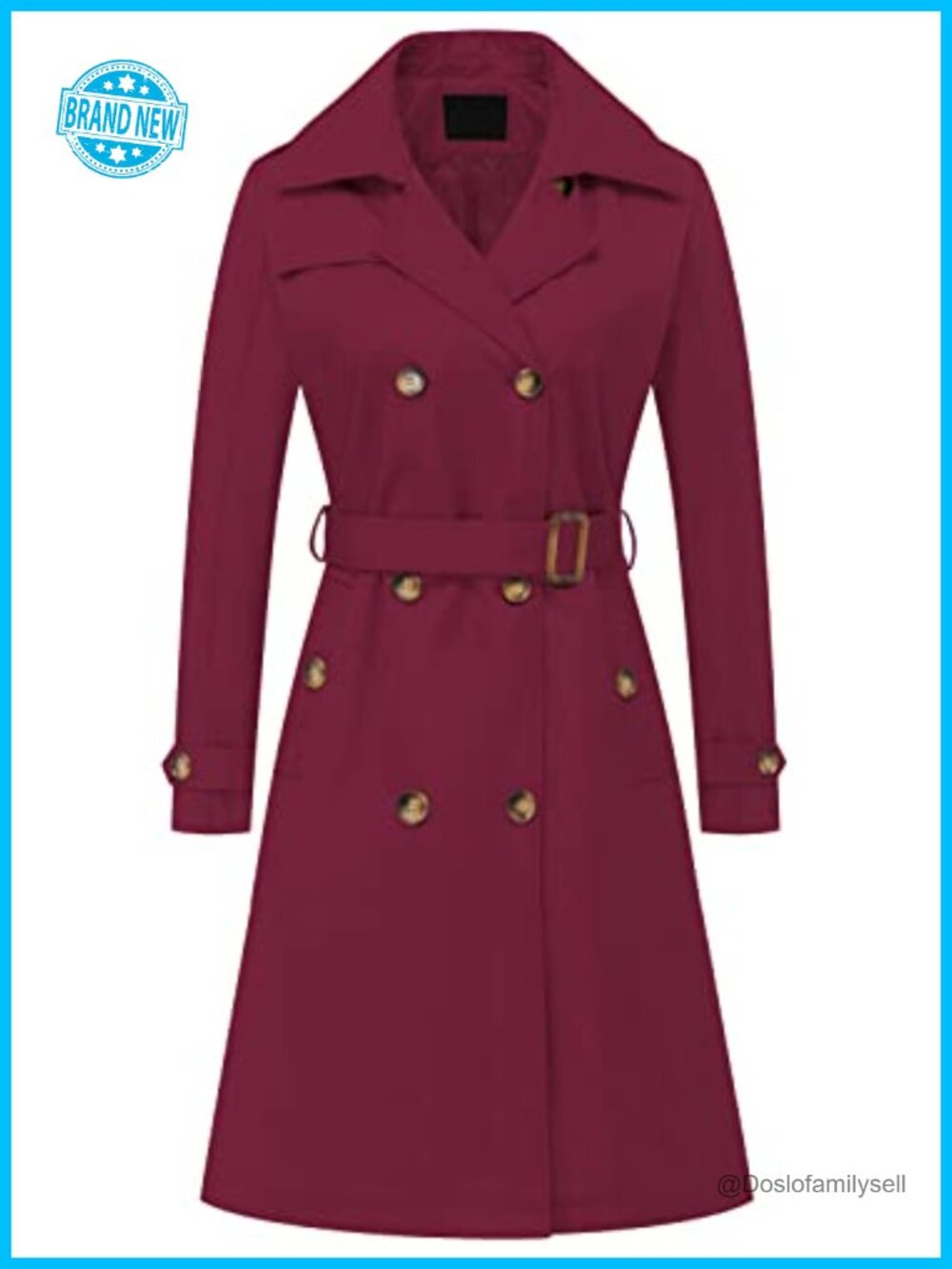 Women's Double Breasted Long Trench Coat Mid-Length Belted Overcoat with